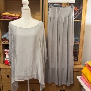 Chiffon Silver Batwing top with silver stretchy wide leg pull on palazzo pants.